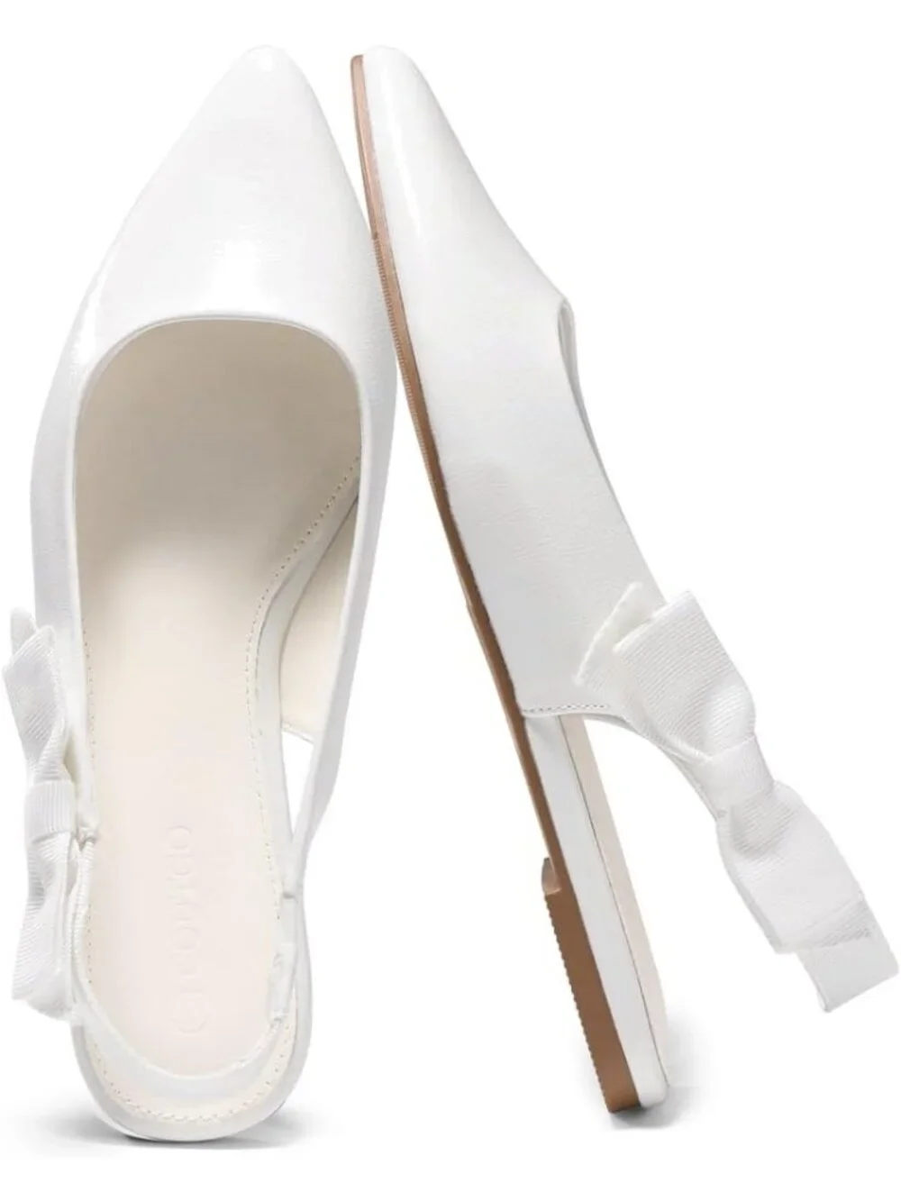 Women's White Slingback Flats Bow Pointed Closed Toe Slip on Party Dress Shoes
